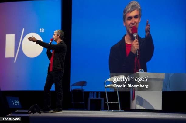 Larry Page, co-founder and chief executive officer at Google Inc., speaks during the Google I/O Annual Developers Conference in San Francisco,...