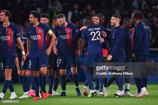 Achraf HAKIMI of PSG celebrates the victory with Randal KOLO MUANI of PSG during the Ligue 1 Uber Eats match between Paris Saint-Germain Football...