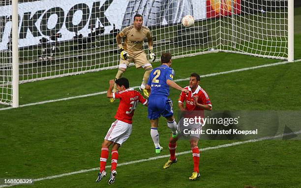 Branislav Ivanovic of Chelsea rises up to head in their second goal during the UEFA Europa League Final between SL Benfica and Chelsea FC at...