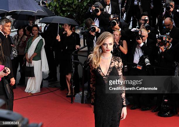 Model Cara Delevingne attends the Opening Ceremony and 'The Great Gatsby' Premiere during the 66th Annual Cannes Film Festival at the Theatre Lumiere...