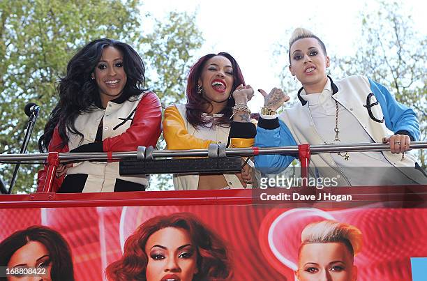 Alexandra Buggs, Courtney Rumbold and Karis Anderson of Stooshe pose on a Double Decker Bus for their Album Launch of 'London Lights On' on May 15,...