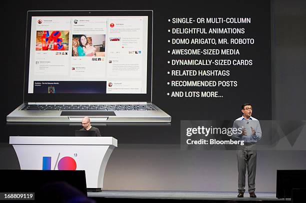 Vivek "Vic" Gundotra, senior vice president of engineering at Google Inc., right, speaks during the Google I/O Annual Developers Conference in San...