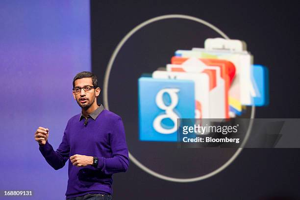 Sundar Pichai, senior vice president of Android, Chrome and Apps at Google Inc., speaks during the Google I/O Annual Developers Conference in San...