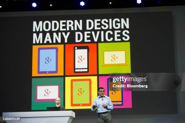 Vivek "Vic" Gundotra, senior vice president of engineering at Google Inc., right, speaks during the Google I/O Annual Developers Conference in San...