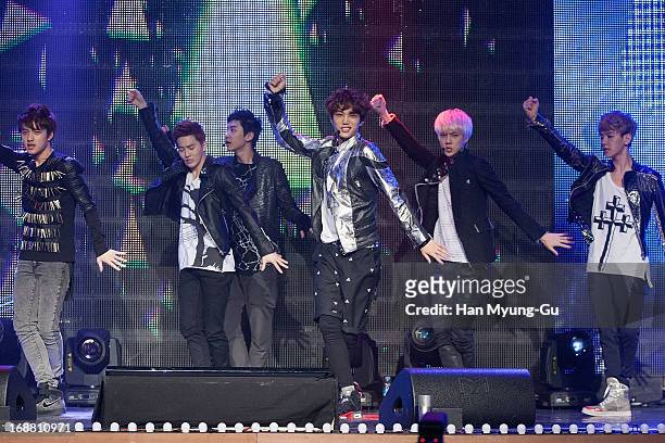 Members of South Korean boy band EXO-K perform onstage during the 2013 K-Pop Youth Culture Festival on May 15, 2013 in Seoul, South Korea.