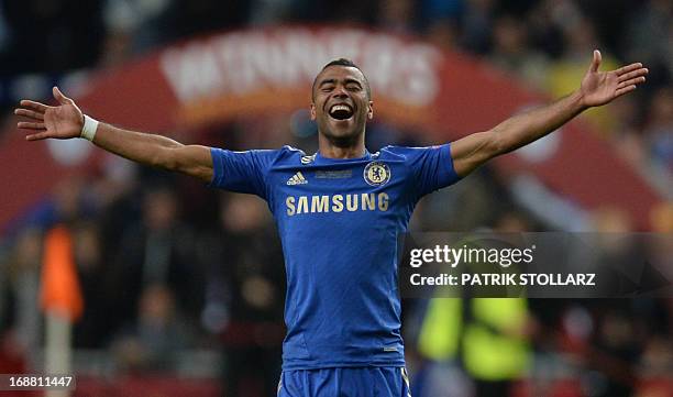 Chelsea's English defender Ashley Cole celebrates after the UEFA Europa League final football match between Benfica and Chelsea on May 15, 2013 at...