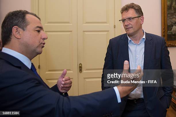 Secretary General , Jerome Valcke and Rio de Janeiro State Governor Sergio Cabral during a visit of Palacio Guanabara as part of the 2014 FIFA World...