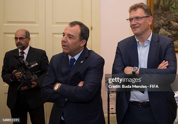 Secretary General , Jerome Valcke and Rio de Janeiro State Governor Sergio Cabral during a visit of Palacio Guanabara as part of the 2014 FIFA World...