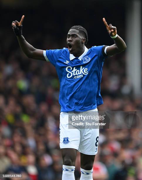 Everton player Amadou Onana reacts during the Premier League match between Everton FC and Arsenal FC at Goodison Park on September 17, 2023 in...