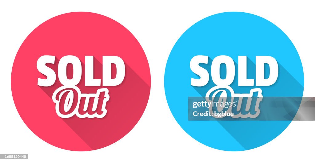 Sold Out. Round icon with long shadow on red or blue background