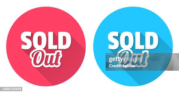 sold out. round icon with long shadow on red or blue background - sold out stock illustrations