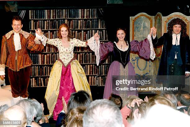 Sylvain Clama, Cyrielle Clair, Pauline Macia and Sacha Petronijevic on stage after 'Ninon, Lenclos ou La Liberte' Theater Play on May 15, 2013 in...