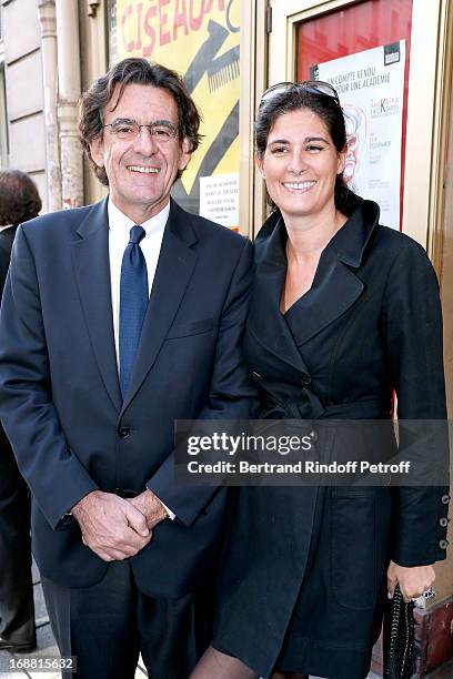 Luc Ferry and his wife Marie-Caroline attend 'Ninon, Lenclos ou La Liberte' Theater Play on May 15, 2013 in Paris, France.