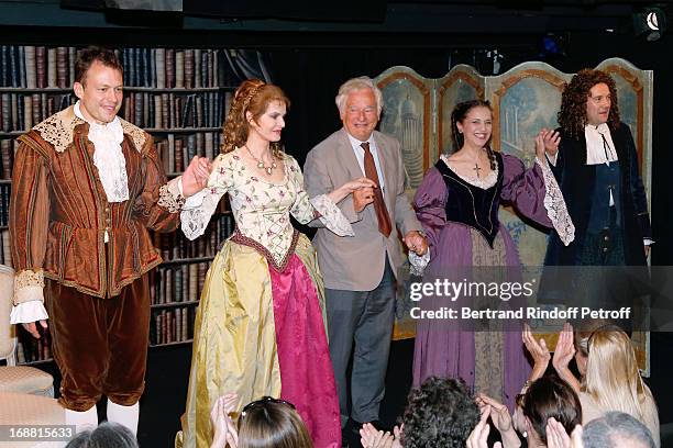 Sylvain Clama, Cyrielle Clair, Autor Hippolyte Wouters, Pauline Macia and Sacha Petronijevic on stage after 'Ninon, Lenclos ou La Liberte' Theater...