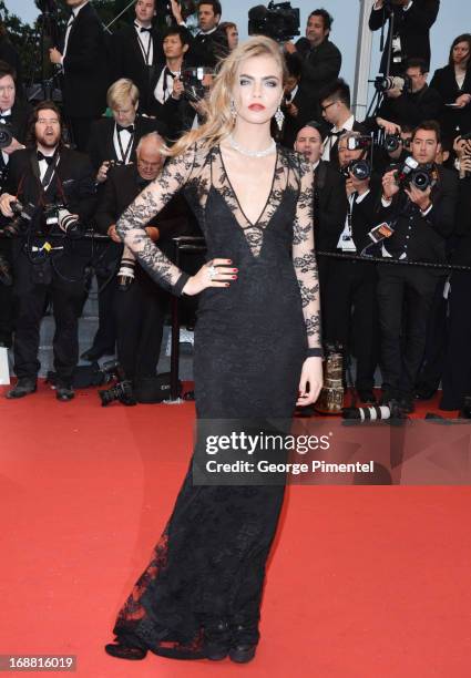 Model Cara Delevingne attends the Opening Ceremony and Premiere of 'The Great Gatsby' at The 66th Annual Cannes Film Festival at Palais des Festivals...