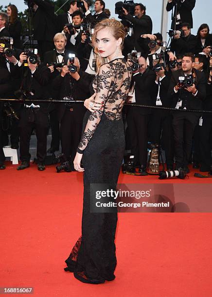 Model Cara Delevingne attends the Opening Ceremony and Premiere of 'The Great Gatsby' at The 66th Annual Cannes Film Festival at Palais des Festivals...