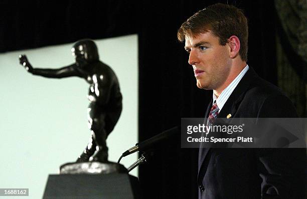 Carson Palmer of the University of Southern California speaks with the press after winning the 68th annual Heisman Trophy Award at The Yale Club...