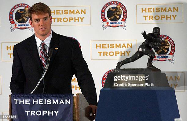 Carson Palmer of the University of Southern California speaks with the press after winning the 68th annual Heisman Trophy Award at The Yale Club...