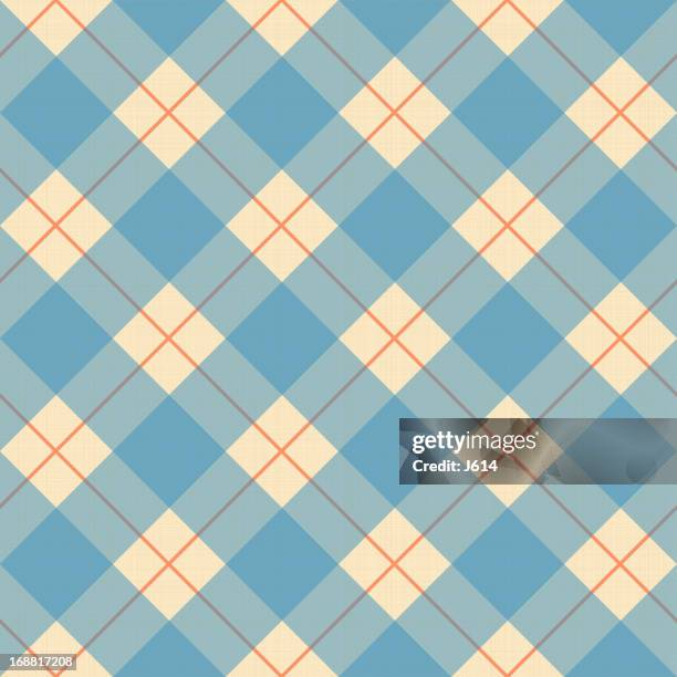 plaid blue, cream and orange pattern on a textile texture - checkered background stock illustrations