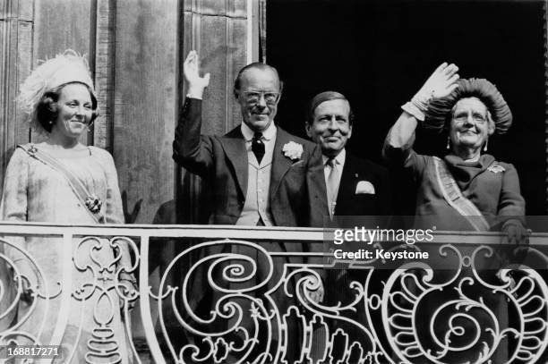 The Dutch Royal Family wave on the balcony of Lange Voorhout Palace following the State Opening of Dutch Parliament 22nd September 1976. Prince...