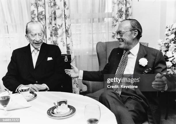 Paul Getty lunches with Prince Bernhard of the Netherlands at Claridge's Hotel, London. Prince Bernhard is the current President of the World...