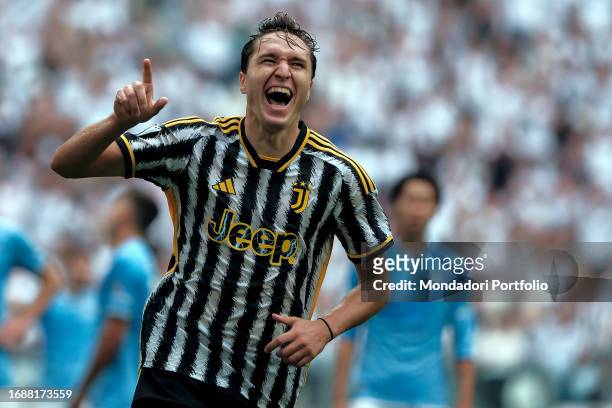Federico Chiesa of Juventus FC celebrates after scoring a goal during the Serie A football match between Juventus FC and SS Lazio at Juventus...
