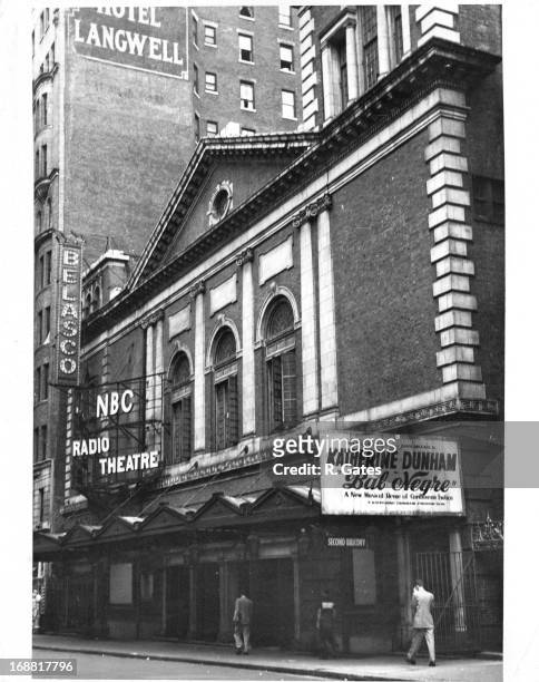 Belasco Theatre/NBC Radio Theatre on West 44th Street with sign that reads 'Katherine Dunham in "Bal Negre" a new musical revue of Caribbean Exotica...