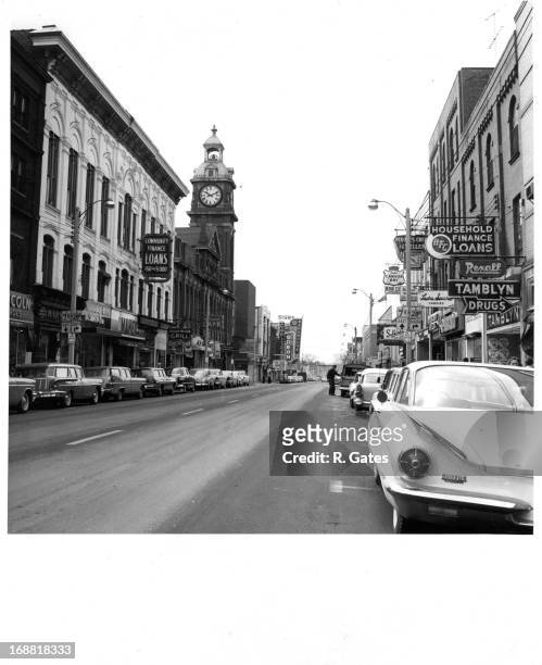 Parked cars on street in Peterborough, Ontario, Canada, 1955.