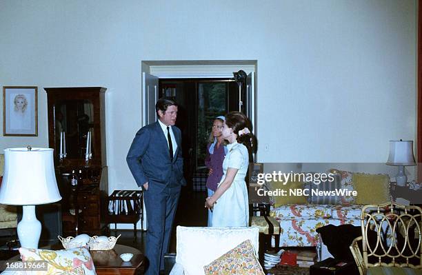 Senator Ted Kennedy, wife Joan Kennedy, NBC News' Barbara Walters during an interview on the anniversary of his brother President John F. Kennedy's...