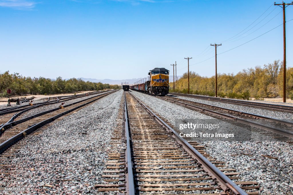 USA, California, Barstow, Kelso Depot, Railroad tracks in desolate Mojave National Reserve