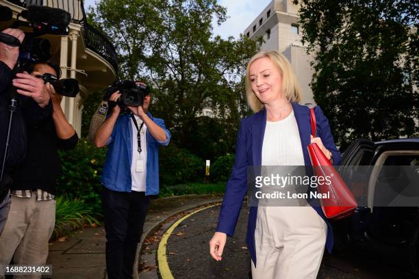 Former British Prime Minister Liz Truss arrives ahead of a speech at the Institute for Government on September 18, 2023 in London, England. In her...