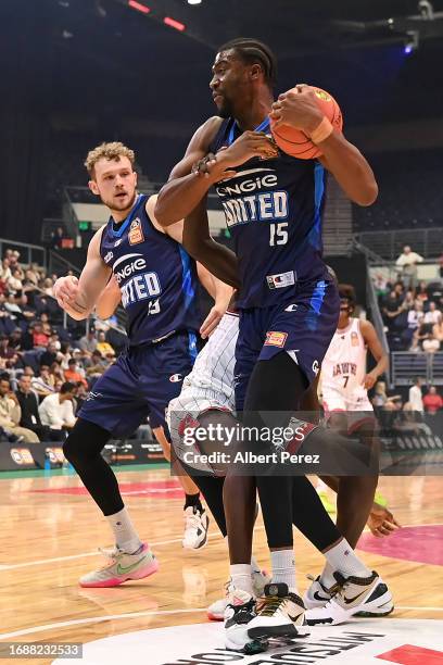 Ariel Hukporti of United competes for the ball during the 2023 NBL Blitz match between Melbourne United and Illawarra Hawks at Gold Coast Convention...