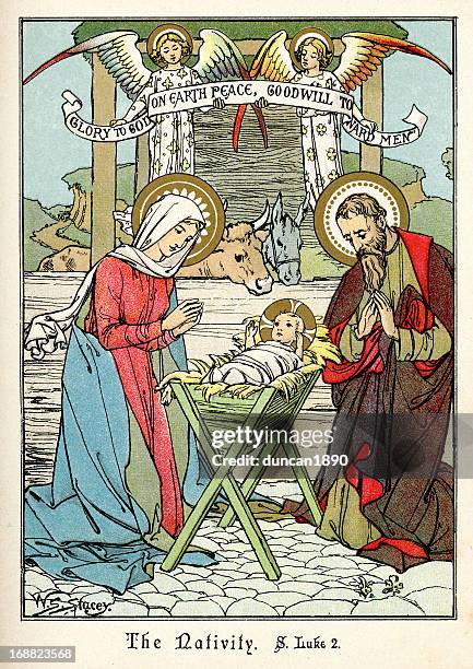 ilustraciones, imágenes clip art, dibujos animados e iconos de stock de the nativity - nativity scene painting