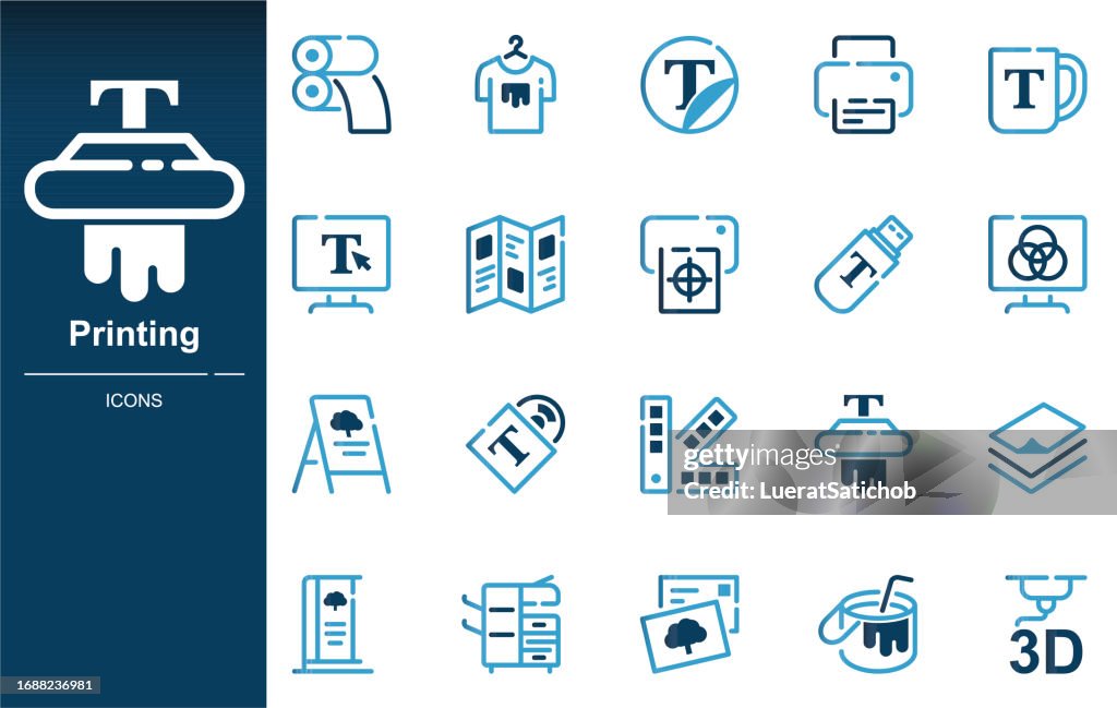Printing icons set.Printer, Image Processing, Printing Industry, Printing, Photo printing, rand identity printed on products like brochure, banner, mug, plotter, Graphic Designer, Digital printing, 3D