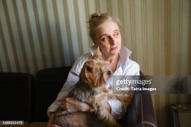 woman sitting on sofa and holding yorkshire terrier - yorkshire terrier - fotografias e filmes do acervo