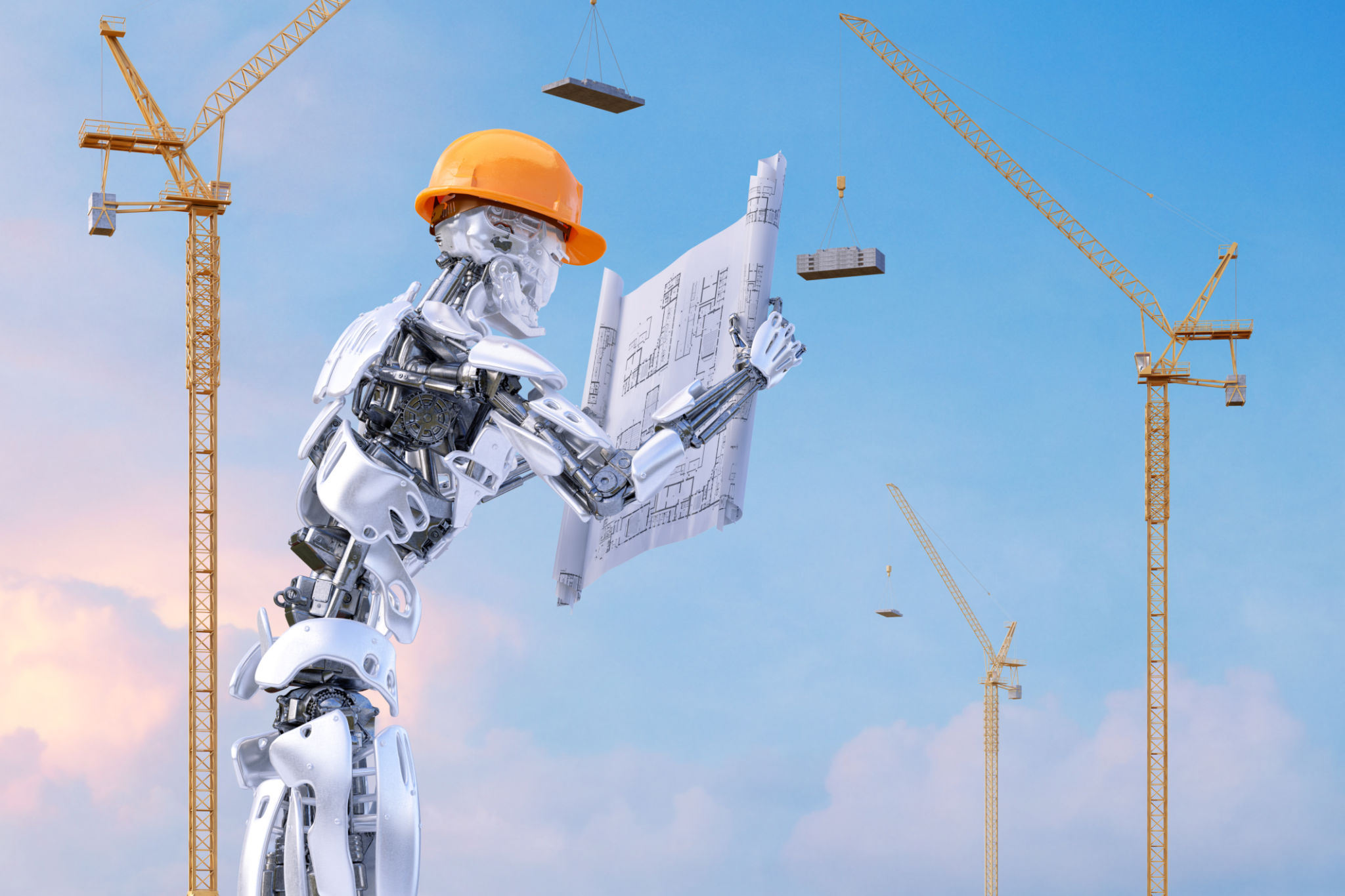 Robot foreman engineer in hardhat holding construction drawings against construction site with tower cranes. Robot foreman engineer in hardhat holding construction drawings against construction site with tower cranes.