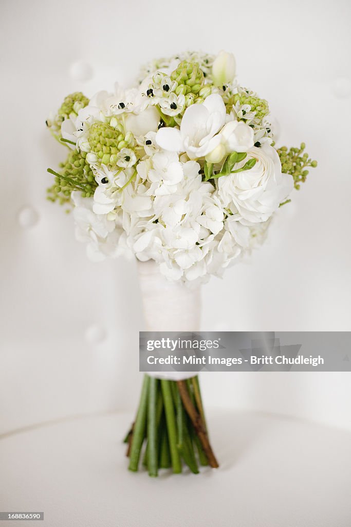 A wedding bouquet. White cut flowers, green seed heads, and foliage. Green stems and white ribbon.