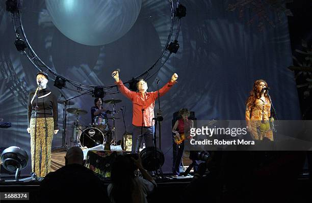 Recording artists B-52's perform at the "Star 98.7 Not So Silent Night 2002" concert at the Shrine Auditorium on December 14, 2002 in Los Angeles,...