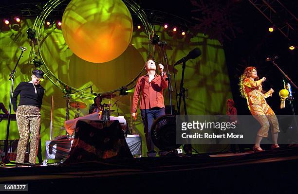 Recording artists B-52's perform at the "Star 98.7 Not So Silent Night 2002" concert at the Shrine Auditorium on December 14, 2002 in Los Angeles,...