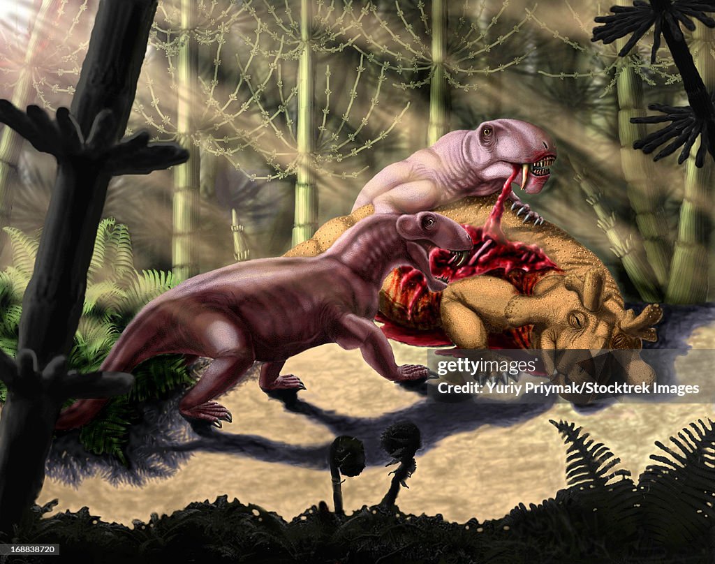Predators Biarmosuchus tener eating the flesh of a Estemmenosuchus mirabilis.