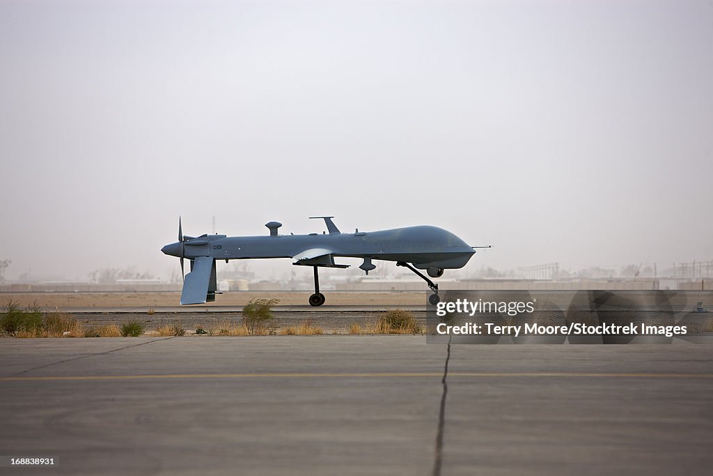 A MQ-1 Predator unmanned aerial vehicle taxiing at COB Speicher, Tikrit, Iraq, during Operation Iraqi Freedom.