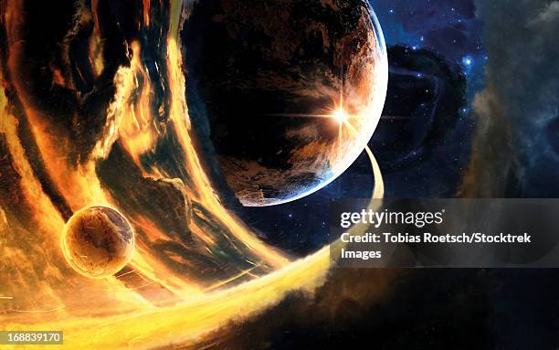 abstract science fiction scene showing an unknown phenomenon. - planets colliding stock illustrations