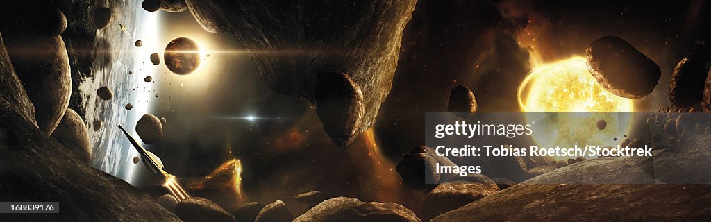 An asteroid field next to an Earth-like planet in a dual-star system.