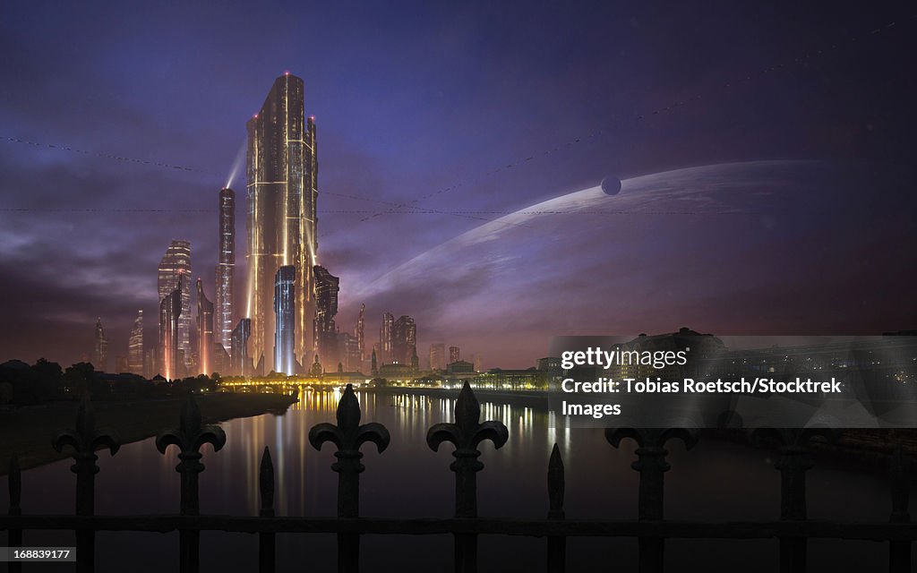 A futuristic city on an extraterrestrial planet in the morning.