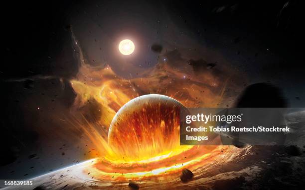 apocalyptic space scene with two colliding planets. - asteroid stock illustrations