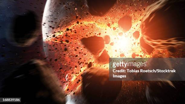 apocalyptic space scene with an exploding planet. - meteor gesteinsart stock-grafiken, -clipart, -cartoons und -symbole