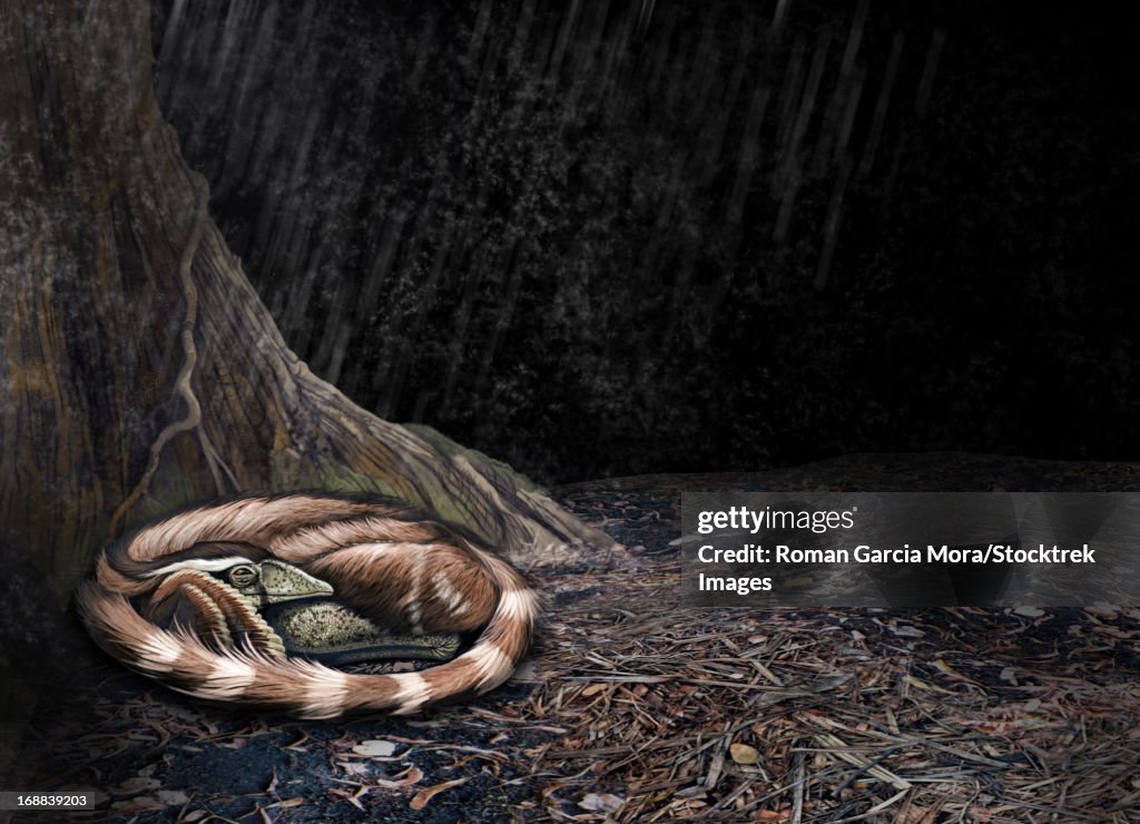 A Mei long curls up beside the roots of a tree to shelter from the rain