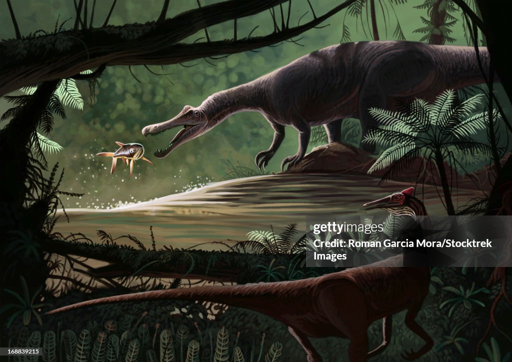 Baryonyx walkeri fishing while a Pelecanimimus observes from the other side.