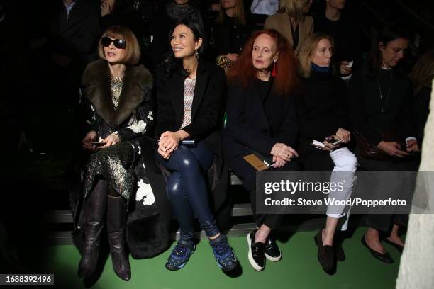 Anna Wintour, Wendi Deng and Grace Coddington sit front row at the Celine show during Paris Fashion Week Autumn/Winter 2016/17, in Paris, France on...