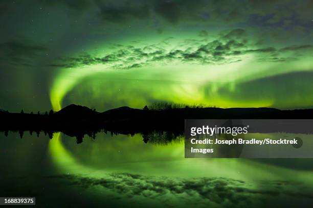 aurora borealis over fish lake, whitehorse, yukon, canada. - whitehorse stock pictures, royalty-free photos & images
